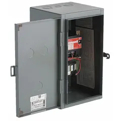 Enclosed mechanically held lighting contactor with 3 poles, rated 60 A at 120V AC. The mechanically held mechanism maintains contact position without continuous coil power. Suitable for switching lighting loads in commercial and industrial applications such as warehouses, parking lots, and office buildings.