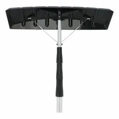 This roof rake features a telescoping aluminum handle that extends to 16 ft and a 24 13/16 in plastic blade. It is used for removing snow from roofs to prevent ice dams and structural overload. The lightweight design (4.2 lb) allows for easy handling.