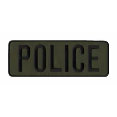 Embroidered insignia measuring 11 inches by 4 inches, featuring a black and olive color scheme. Constructed from a blend of polyester and rayon with a backing for attachment. Suitable for uniform identification on law enforcement apparel, tactical gear, or commemorative displays.
