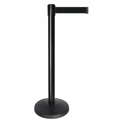 QUEUEWAY Barrier Post with Belt: Black, No Pattern, No Legend, 10 ft Belt Lg, Black - Solid-Color Retractable Belt Post Barriers