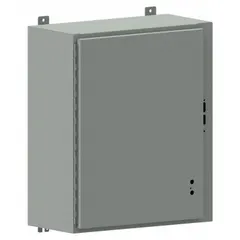 This WIEGMANN disconnect switch electrical enclosure is constructed from powder-coated steel and measures 20 in x 21 in x 8 in. It features a handle closure method and is designed for NEMA 12/13 environments. Typical applications include housing disconnect switches in industrial settings requiring protection against dust, dirt, oil, and non-corrosive coolants.