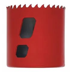 Bi-metal hole saw with 2 5/16-inch diameter and 5/6 teeth per inch, offering a maximum cutting depth of 1 7/8 inches. Designed for cutting wood, metal, plastic, and drywall in applications such as plumbing, electrical, and HVAC installations. Arbor not included; features a 5/8-18 thread connection.
