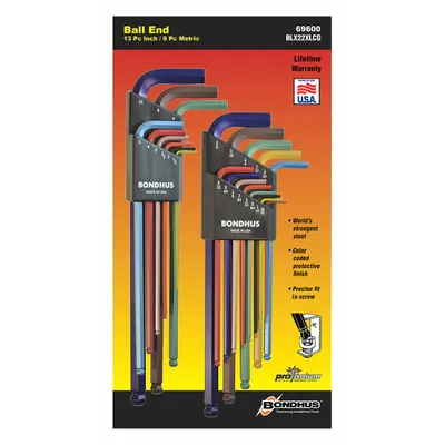 BONDHUS Hex Key Set: 16 or More Pieces, L, Metric and SAE, Single Ball End, Extra Long - Color-Coded Hex Key Sets