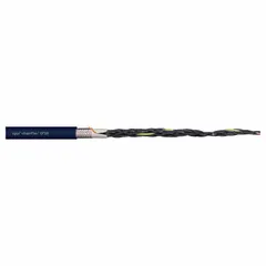 Continuous flexing control cable from the CF10 series with 7 conductors of 17 AWG single copper wire, including a ground conductor. TPR jacket rated 300 V with bending resistance. Minimum bend radius factors: 3 x OD fixed, 4 x OD flexible, 5 x OD for e-chain applications. Outer jacket meets CF9.15.07 ISO Class 1 standards. Suitable for automated machinery and cable carrier systems requiring repetitive motion.