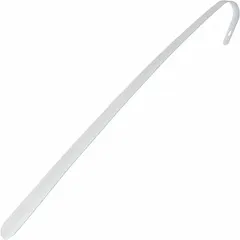 This steel shoe horn measures 24 inches in overall length, 2 3/4 inches in overall width, and 1 3/4 inches in overall height. It is finished in white and is latex-free. Designed as a dressing aid, it assists in putting on shoes without bending or straining.