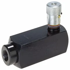 Steel-bodied pressure-compensated flow control valve with rotary knob adjustment. Inlet and outlet ports are #6 SAE O-Ring Boss. Maximum flow rate is 3 gpm. Used in hydraulic systems to maintain consistent flow to actuators or motors regardless of pressure variations.