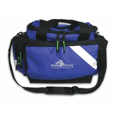 Blue nylon medical duffel bag with zipper closure and removable interior lining. Accommodates straps sized 11-20 in/30+ in. Designed for organizing and transporting medical supplies in field or clinical settings.