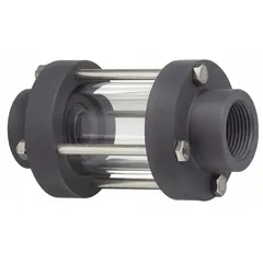 Full-view flow indicator with double-wall PVC body and acrylic window for visual verification of fluid flow. Features 3/4 in FNPT pipe threads, Viton seal, and 140 psi maximum operating pressure. Mounts horizontally and accepts flow in any direction. Suitable for monitoring flow in industrial piping systems.