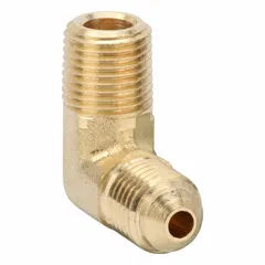 Brass 45-degree flare tube elbow with flared and threaded ends. Connects 3/16 in OD tubing to 1/8 in pipe thread. Meets SAE J512 standards for use in fluid systems requiring leak-resistant flare connections.