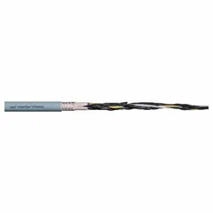 This 25-conductor control cable features 18 AWG copper conductors with a PVC jacket rated for 300 V. It includes a ground conductor and is flame retardant, meeting MTW UL W63 standards. Designed for continuous flexing applications, it offers minimum bend radius factors of 4 x OD for fixed installation, 6 x OD for flexible use, and 7.5 x OD for e-chain applications.