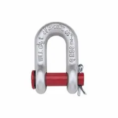 Carbon steel D-shackle with a round pin and silver finish. Working load limit of 1,000 lb and body thickness of 1/4 in. Used in rigging and lifting to connect chain, sling, or hardware.