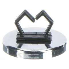 Ceramic magnet cable clip with a 0.21 in slot width for organizing and routing cables. Attaches to metal surfaces for hands-free cable management in industrial environments. Silver-colored, black/silver finish.