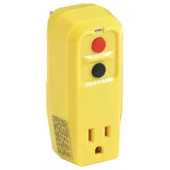 This plug-in GFCI plug features a NEMA 5-15P plug and 5-15R receptacle, rated for 15 A at 125V AC. The manual reset function restores power after a ground fault trip. The yellow housing is typical for portable GFCI devices used in construction, maintenance, and workshop environments where temporary power is needed.