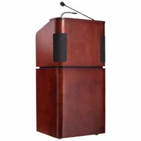 Mobile sound lectern in mahogany laminated particle board. Includes amplifier, handheld microphone, clip-on/handheld microphone system, and document rail. No battery included. Suitable for presentations, lectures, and meetings requiring portable audio support