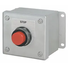 Siemens push-button control station with a red operator marked 'Stop' and an extended push-button configuration. It provides one normally open and one normally closed contact (1NO/1NC) for stop or halt commands in industrial control circuits. No pilot lights are included.
