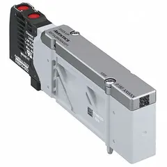 This AVENTICS XV series directional control valve is a four-way, three-position solenoid valve with a double solenoid actuator and closed center. It operates on 24V DC and includes the solenoid coil. Used in industrial pneumatic systems to direct compressed air to actuators or cylinders.