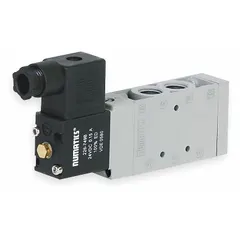 Single solenoid, four-way, two-position directional control valve with spring return and locking feature. Operates on 220-240V AC. Suitable for pneumatic actuation of double-acting cylinders in industrial automation systems.