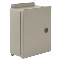 This steel washdown enclosure measures 10 x 8 x 4 inches and is rated NEMA 12/4 for protection against dust, dirt, dripping non-corrosive liquids, and hose-directed water. It features a solid hinged cover secured by a 1/4-turn latch. Knockouts are not included. Suitable for indoor industrial applications where electrical controls and components require protection from environmental contaminants.