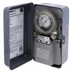This electromechanical timer switch provides 24-hour scheduling for indoor commercial or industrial applications. It features a single-pole double-throw (SPDT) switching mechanism and is rated for 120/480V AC. The metal body construction supports reliable time-based control of lighting, HVAC, or other electrical loads.