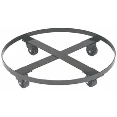 This round plastic drum dolly is designed for 55-gallon containers. It features four swivel casters for maneuverability in tight spaces, facilitating the safe movement of drums in industrial environments.