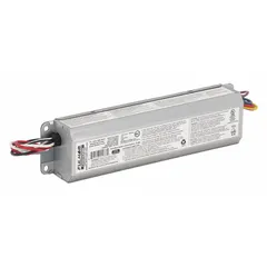 Standard emergency ballast for fluorescent lighting systems. Operates on 120 to 277V AC input and supports one bulb. Provides backup lighting during power outages to maintain illumination for safety egress.