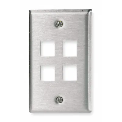 HUBBELL PREMISE WIRING Wall Plate: Silver, 1 Gang, 4 Port, Flat Module, Stainless Steel - Keystone Wall Plates
