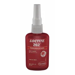 LOCTITE 262 is a red, high-strength threadlocker designed for permanent locking and sealing of threaded fasteners. It is oil tolerant, allowing application on fasteners with light oil contamination. The product cures anaerobically and requires heat for disassembly, making it suitable for assemblies that must resist vibration and leakage. Typical applications include pumps, gearboxes, and heavy machinery.