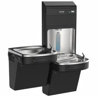This on-wall two-level drinking fountain with bottle filler has a stainless steel housing with a black finish. It provides a chilling capacity of 8 gph at 50°F and features top panel access for filter maintenance. Suitable for high-traffic commercial settings requiring accessible hydration