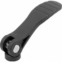 Cam lever with threaded hole, plastic handle and stainless steel thread. Thread size 1/4"-20, handle length 71.5 mm. Used for quick clamping and positioning in jigs, fixtures, and machinery