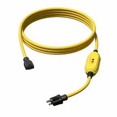 This 26-foot inline GFCI cord features a 12/3 gauge SJTW jacket, rated 20 A at 125V AC. It has a NEMA 5-20P plug and a NEMA 5-20R receptacle, with manual reset functionality. Suitable for providing ground-fault protection for power tools and equipment in construction, industrial, and maintenance settings where shock hazards exist.