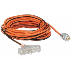 This 50-foot outdoor extension cord features three grounded outlets and a NEMA 5-15P plug. Constructed with 14/3 SJTW wire, it is rated for temperatures from -40° to 167°F. Suitable for powering tools, lights, or equipment in outdoor settings such as construction sites, landscaping, or event setups.