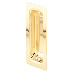 This oblong recessed pull handle is made of brass with a polished gold finish. It has an overall length of 3 1/4 inches and features unthreaded mounting holes. Suitable for cabinet doors, drawers, or panels where a flush, low-profile grip is desired.