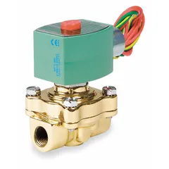 This REDHAT solenoid valve is a 2-way, 2-position normally closed type with a 1/2 in pipe size. It operates on 120V AC and features a watertight coil enclosure suitable for damp environments. Commonly used in industrial automation, irrigation, and process control systems for on/off flow control of liquids or gases.