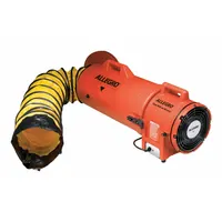 This 12 V DC axial blower and ducting combination unit is designed for ventilating confined spaces such as tanks and vaults. It includes 50 ft of 8 in diameter duct and operates via vehicle battery hookups. The 1/4 hp motor delivers 3,800 RPM to provide fresh air and remove fumes or dust