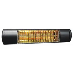 This hardwired infrared radiant heater features a quartz lamp element and a black aluminum housing. It operates on 208/240V AC, single phase, with selectable wattage output of 1125W or 1500W. Suitable for spot heating in indoor or outdoor commercial and industrial spaces such as warehouses, loading docks, patios, and workshops.