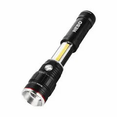 This rechargeable flashlight delivers 500 lumens with a 160-meter beam distance and a 2.5-hour run time at maximum brightness. It includes a USB cord charger and a built-in rechargeable battery. The black housing is suited for general illumination tasks in maintenance, emergency response, outdoor work, and security inspections.
