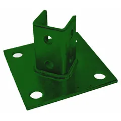 Green coated steel post base designed for single strut channels measuring 1-5/8 in x 1-5/8 in. Features six mounting holes for secure attachment. Used in structural framing and support systems for mounting conduit, piping, or equipment.
