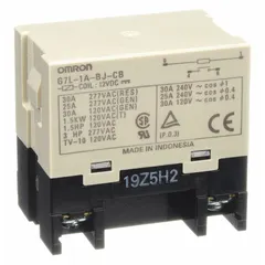 Bracket-mounted enclosed power relay from OMRON G7L Series. Features SPST-NO contact configuration, 30 A current rating at 220V AC (resistive load), and 12V DC coil voltage. Equipped with screw terminals and square base; E-bracket sold separately. Suitable for switching high-current loads in industrial control panels, HVAC systems, and automation equipment.