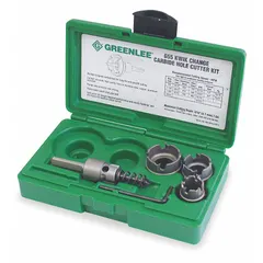 This kit includes three carbide-tipped hole cutters, each with four teeth, for cutting clean holes in sheet metal and thin-gauge steel. Maximum cutting depth is 1/8 inch. Suitable for electrical, plumbing, and HVAC applications.