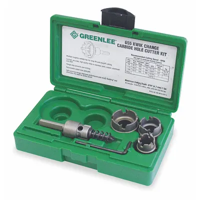 GREENLEE Hole Cutter Kit: 4 Pieces, 1/8 in Max. Cutting Dp, Carbide Tipped, 4 Teeth - Metal-Cutting Hole Cutter Kits