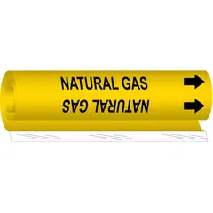 Yellow wrap-around pipe marker with black legend 'Natural Gas' and directional arrows. Fits pipe outer diameters from 1/2 to 1-3/8 inches. Used for identifying natural gas piping in industrial, commercial, and facility piping systems.