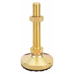 This non-skid male leveling mount features an M20 thread, 76 mm length, and a load capacity of 2,520 kg. It has a yellow zinc-plated finish, a round base with an elastomer thrust pad, and includes a jam nut and mounting holes. The 27 mm hex size allows for easy adjustment. Typical applications include leveling and vibration dampening of industrial machinery such as presses, conveyors, and machine tools.