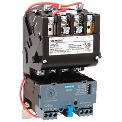 Non-reversing motor starter for three-phase motors, NEMA Size 1 rated 27 A. Features electronic overload protection, 110/120V AC coil, screw terminals, pilot light, and one normally open auxiliary contact. Suitable for starting and stopping motors in industrial applications such as conveyors, pumps, and compressors.