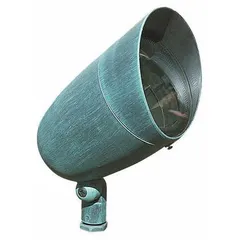 Incandescent outdoor flood and accent light rated for 75 W at 120V AC. Features a black housing with overall length of 9 1/2 in and width of 5 3/8 in. No lamp included. Suitable for highlighting architectural features, landscaping, or signage in outdoor settings.