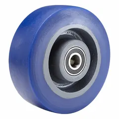 Polyurethane tread on cast iron core wheel with blue Ergo-Glide tread shape. Wheel diameter 6 in, width 2 in, load rating 1,300 lb. Suitable for material handling carts, platform trucks, and heavy-duty equipment in industrial environments.