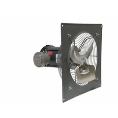 Panel-mounted exhaust fan for hazardous locations. Features a 14 in blade, 1/3 hp explosion-proof motor, 2,190 cfm airflow, and single-speed 115/208-230V AC operation. Powder-coated steel frame with intake guards. Suitable for Class I, Div 1, Groups C and D environments.
