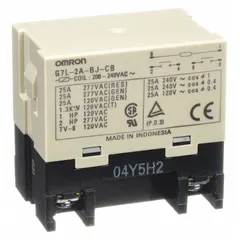 Bracket-mounted power relay with DPST-NO contacts, rated 30 A and operating at 200/240V AC. Features a square base, E-bracket mounting (bracket sold separately), and screw terminal connections. Suitable for switching high-current loads in industrial control panels, HVAC systems, and automation equipment.