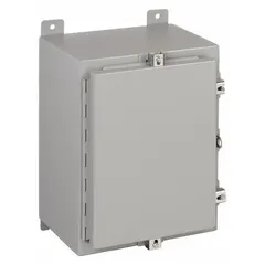 This WIEGMANN steel enclosure measures 36 x 24 x 8 inches and is rated NEMA 12/13/4 for protection against dust, falling dirt, dripping non-corrosive liquids, and hose-directed water. It features a solid hinged cover with clamp closure and no knockouts. Suitable for indoor or outdoor industrial environments requiring washdown capabilities.