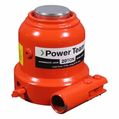Mechanical miniature bottle jack with 20-ton load capacity and 1 3/16-inch maximum lift. Steel body construction. Used for parts repair and heavy-duty lifting in confined spaces.