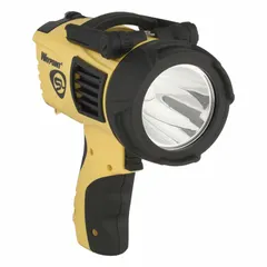 This spotlight produces a focused spot beam with a maximum output of 550 lumens, a beam distance of 625 meters, and a run time of 10 hours at maximum brightness. The polycarbonate construction provides impact resistance. It includes a wrist lanyard and requires C batteries. Typical applications include industrial inspection, security patrol, and outdoor search tasks.